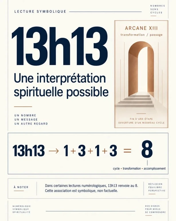 Infographie éditoriale sur la signification spirituelle de 13h13, le passage numérologique vers 8 et la transformation symbolique