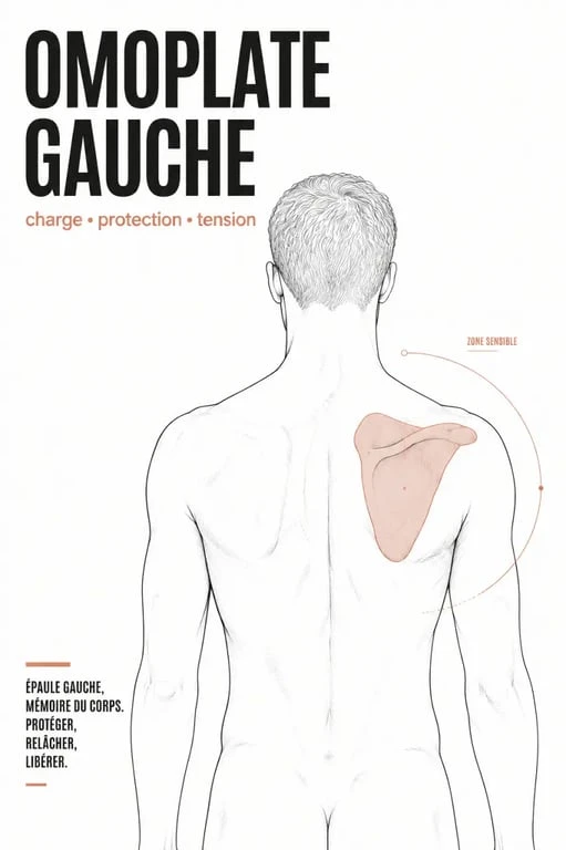 Douleur omoplate gauche signification spirituelle : schéma du haut du dos avec l’omoplate gauche mise en évidence