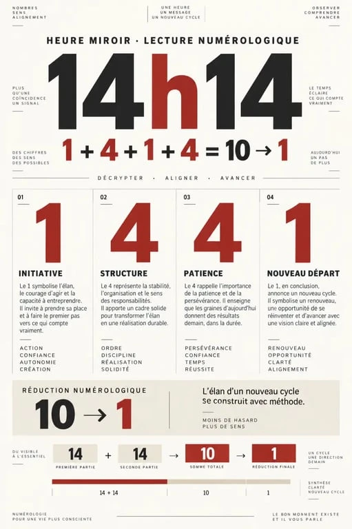 Infographie sur la signification spirituelle de 14h14 et la symbolique des chiffres 1 et 4