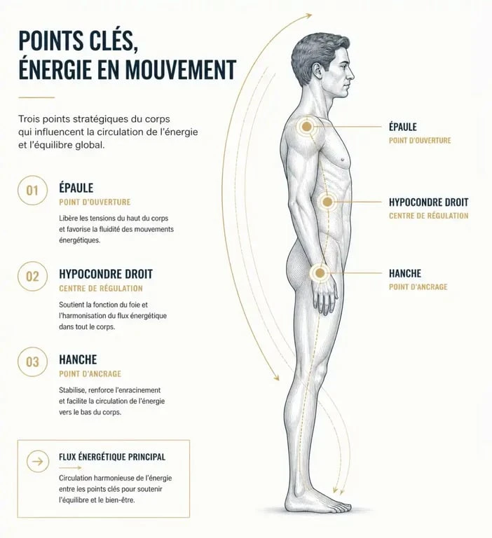 Schéma symbolique des zones du corps liées à la douleur côté droit et leur signification spirituelle