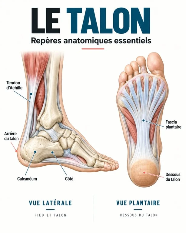 Schéma des zones du talon pour comprendre la douleur au talon droit et distinguer dessous, arrière et côté