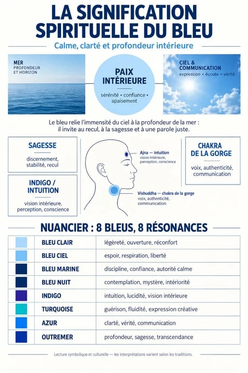 Infographie sur la signification spirituelle du bleu et les symboliques des nuances de bleu