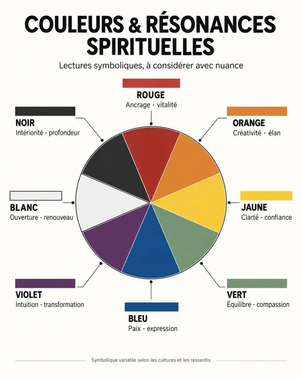 Infographie sur les couleurs et leur signification spirituelle, avec associations émotionnelles et symboliques