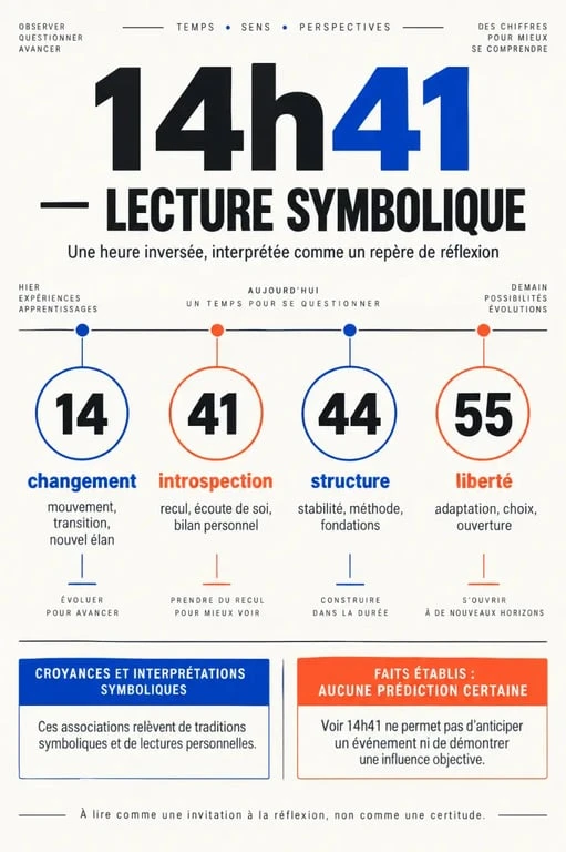Infographie sur la signification spirituelle de 14h41 et ses interprétations symboliques