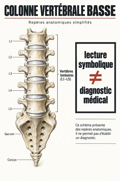 Schéma des lombaires, du sacrum et du coccyx pour comprendre la lumbago signification spirituelle sans confondre symbolique et diagnostic médical