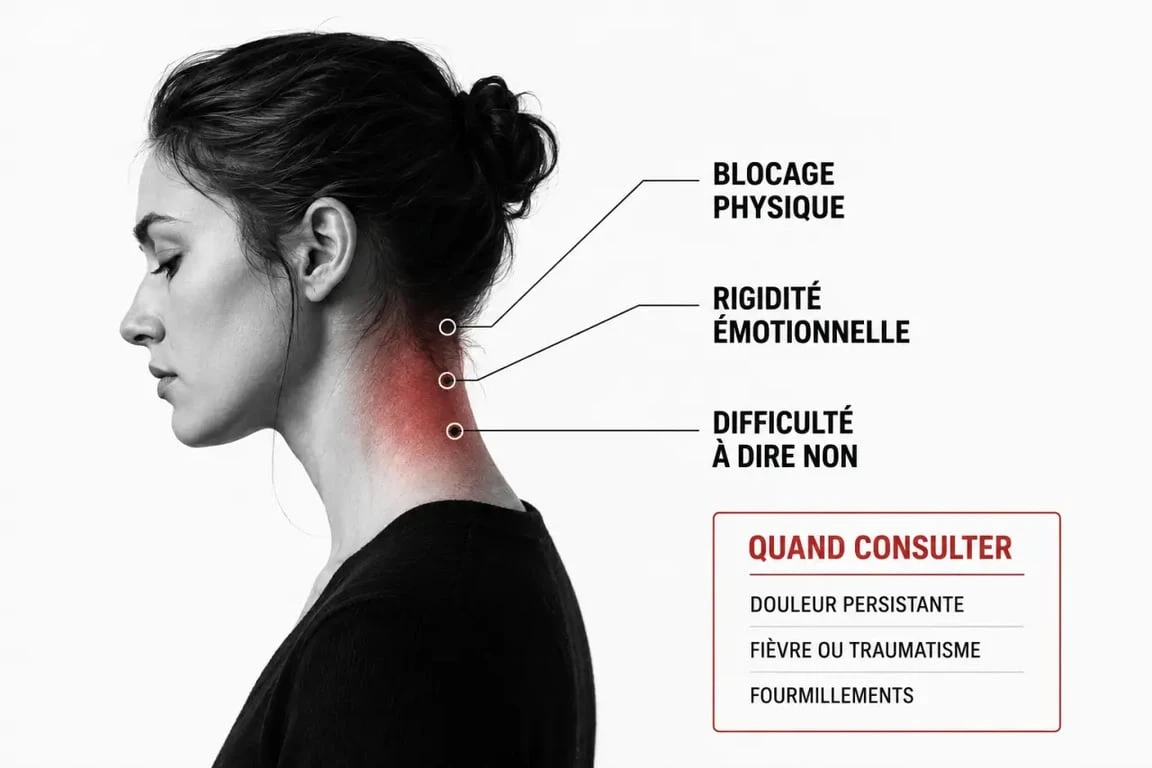 torticolis signification spirituelle : schéma visuel du blocage de la nuque, des tensions émotionnelles et des signes d’alerte