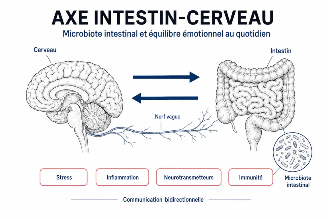 Lien entre microbiote intestinal et équilibre émotionnel au quotidien illustré par l’axe intestin-cerveau