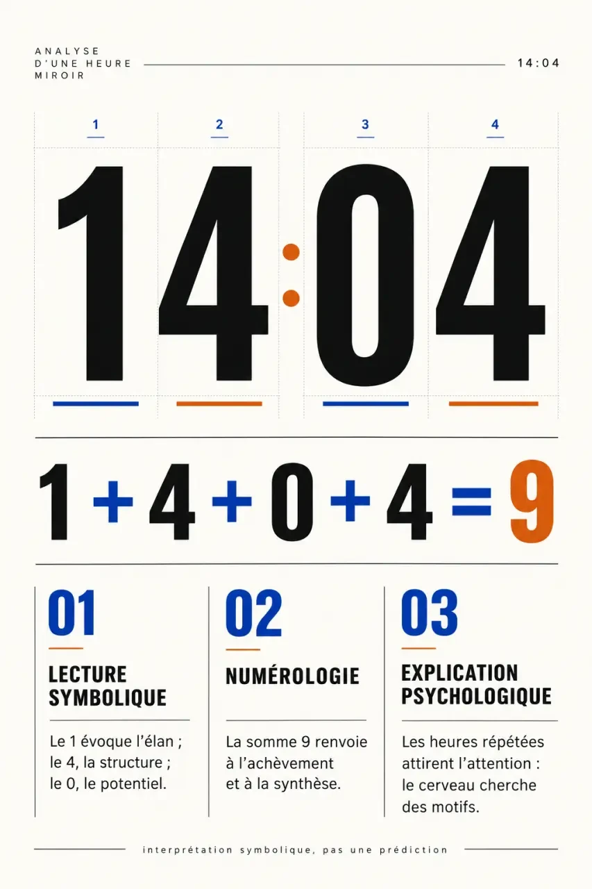 Infographie sur la signification de 14h04, sa numérologie et ses interprétations symboliques et psychologiques