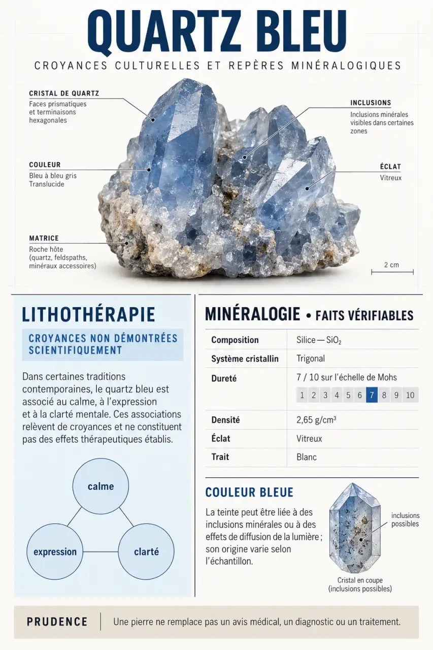Infographie sur les vertus du quartz bleu, ses croyances en lithothérapie et ses caractéristiques minéralogiques