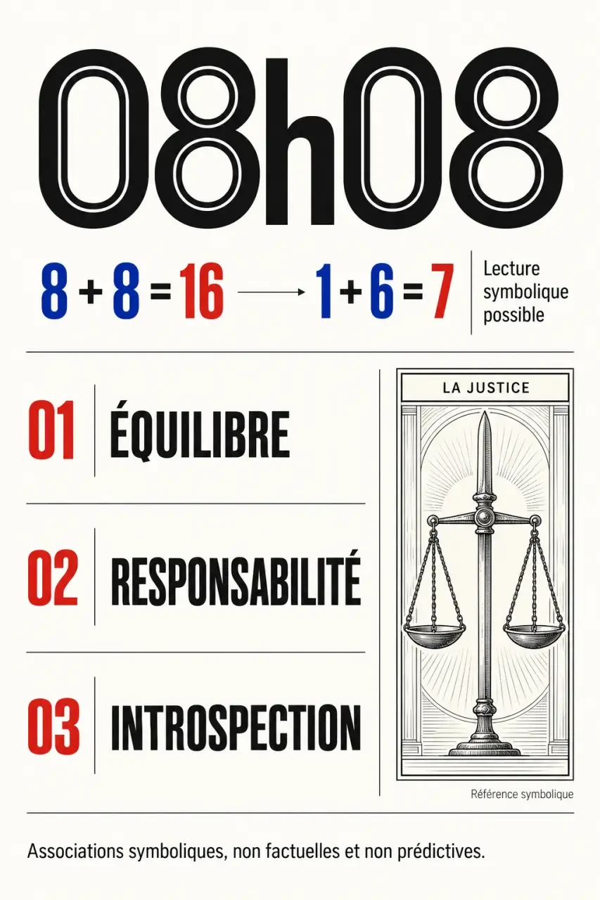 Infographie sur l'heure miroir 08h08, le chiffre 8, les nombres 16 et 7 et leurs interprétations symboliques
