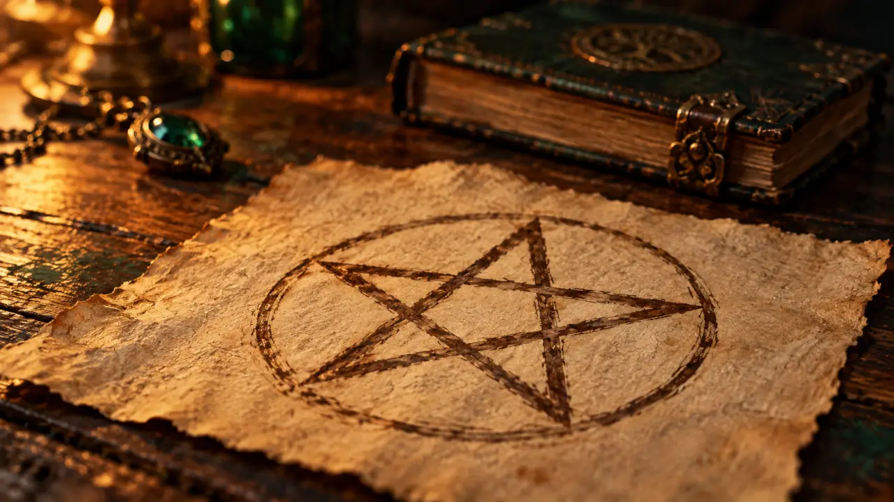 Signification pentacle : pentagramme entouré d’un cercle sur parchemin